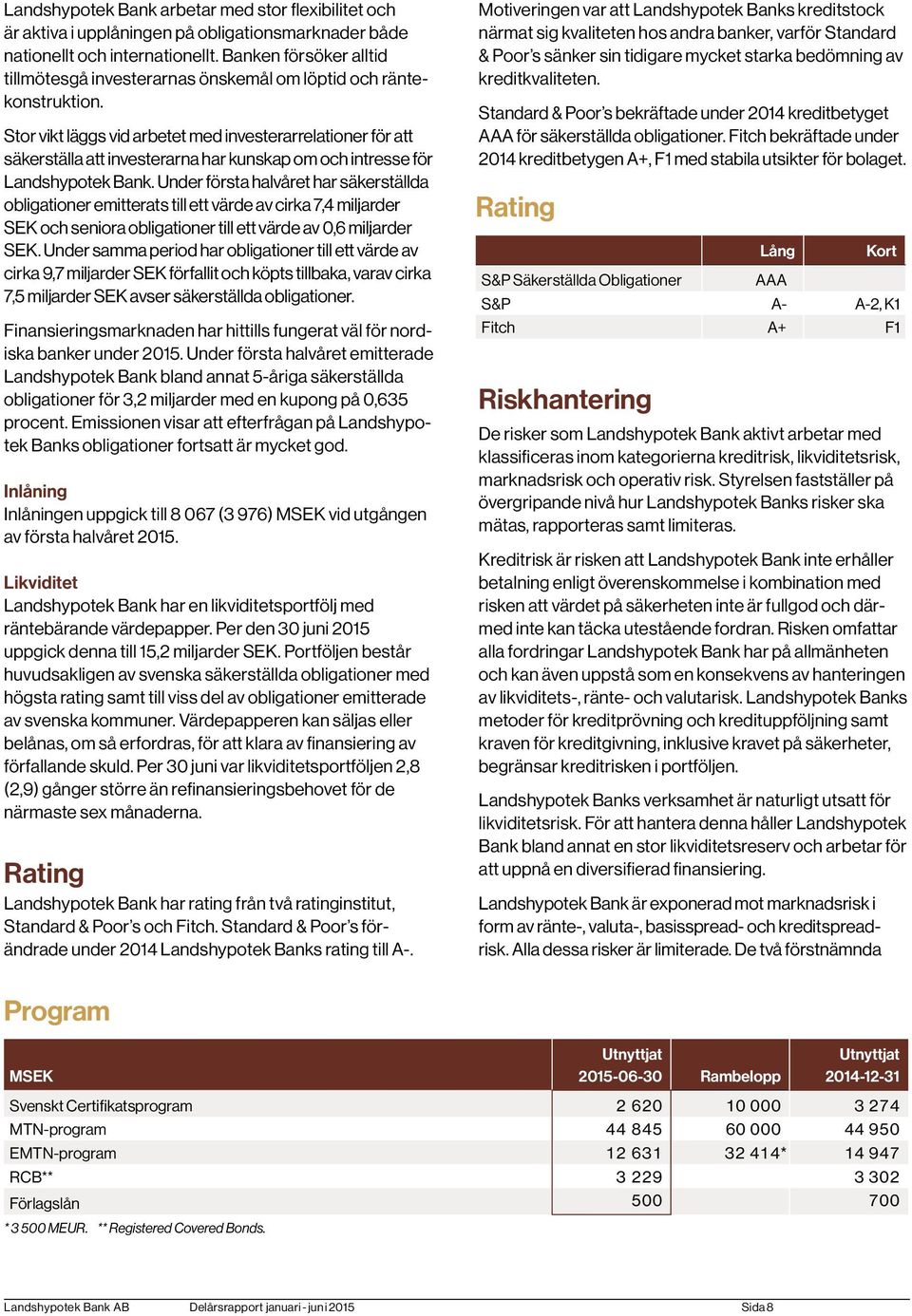 Stor vikt läggs vid arbetet med investerarrelationer för att säkerställa att investerarna har kunskap om och intresse för Landshypotek Bank.