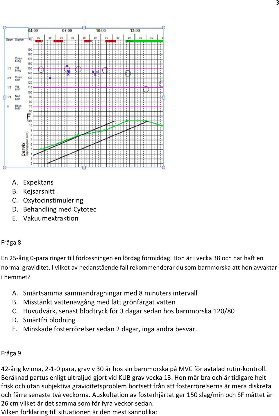 Misstänkt vattenavgång med lätt grönfärgat vatten C. Huvudvärk, senast blodtryck för 3 dagar sedan hos barnmorska 120/80 D. Smärtfri blödning E.