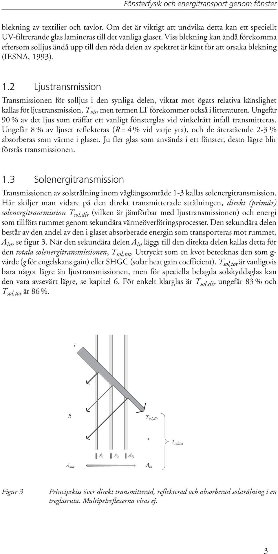 93). 1.2 Ljustransmission Transmissionen för solljus i den synliga delen, viktat mot ögats relativa känslighet kallas för ljustransmission, T vis, men termen LT förekommer också i litteraturen.