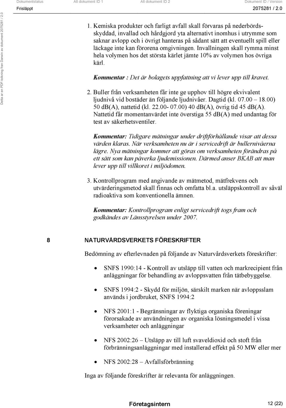 Kommentar : Det är bolagets uppfattning att vi lever upp till kravet. 2. Buller från verksamheten får inte ge upphov till högre ekvivalent ljudnivå vid bostäder än följande ljudnivåer. Dagtid (kl. 07.