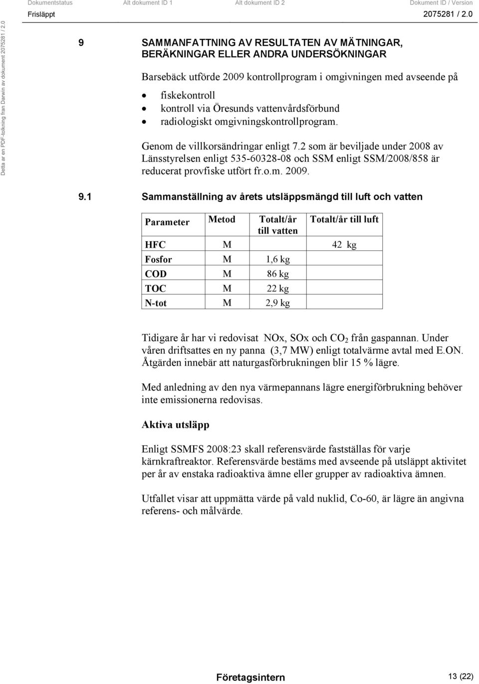 2 som är beviljade under 2008 av Länsstyrelsen enligt 535-60328-08 och SSM enligt SSM/2008/858 är reducerat provfiske utfört fr.o.m. 2009. 9.