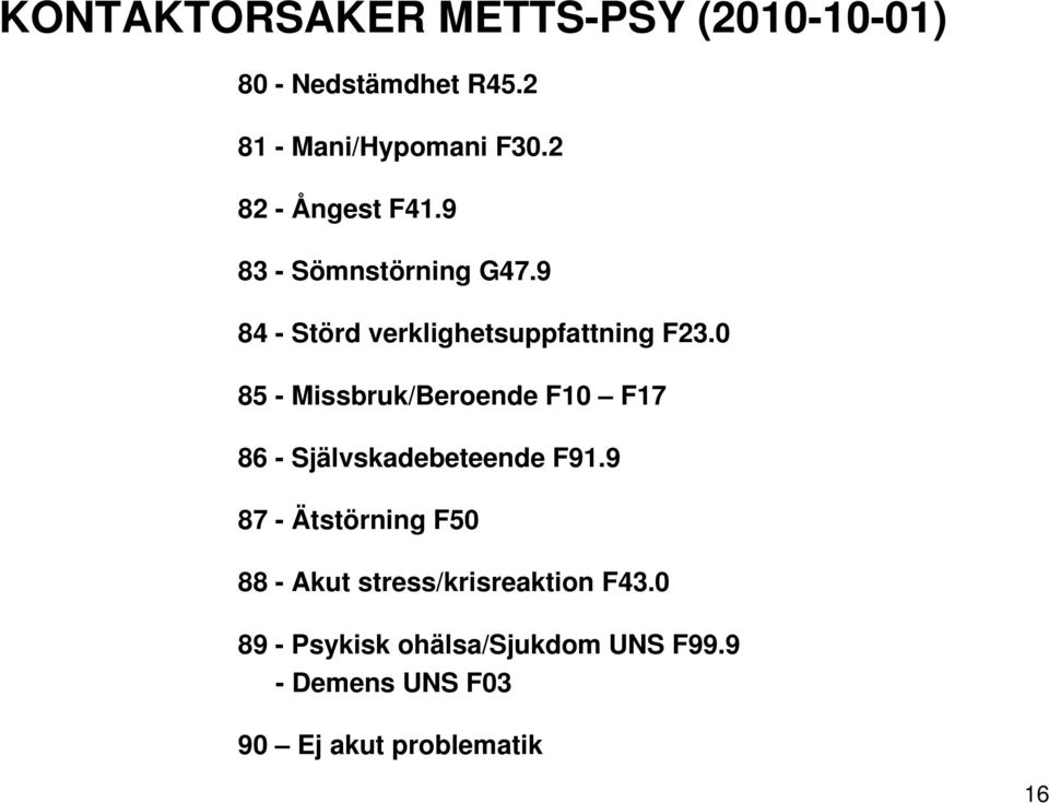 0 85 - Missbruk/Beroende F10 F17 86 - Självskadebeteende F91.