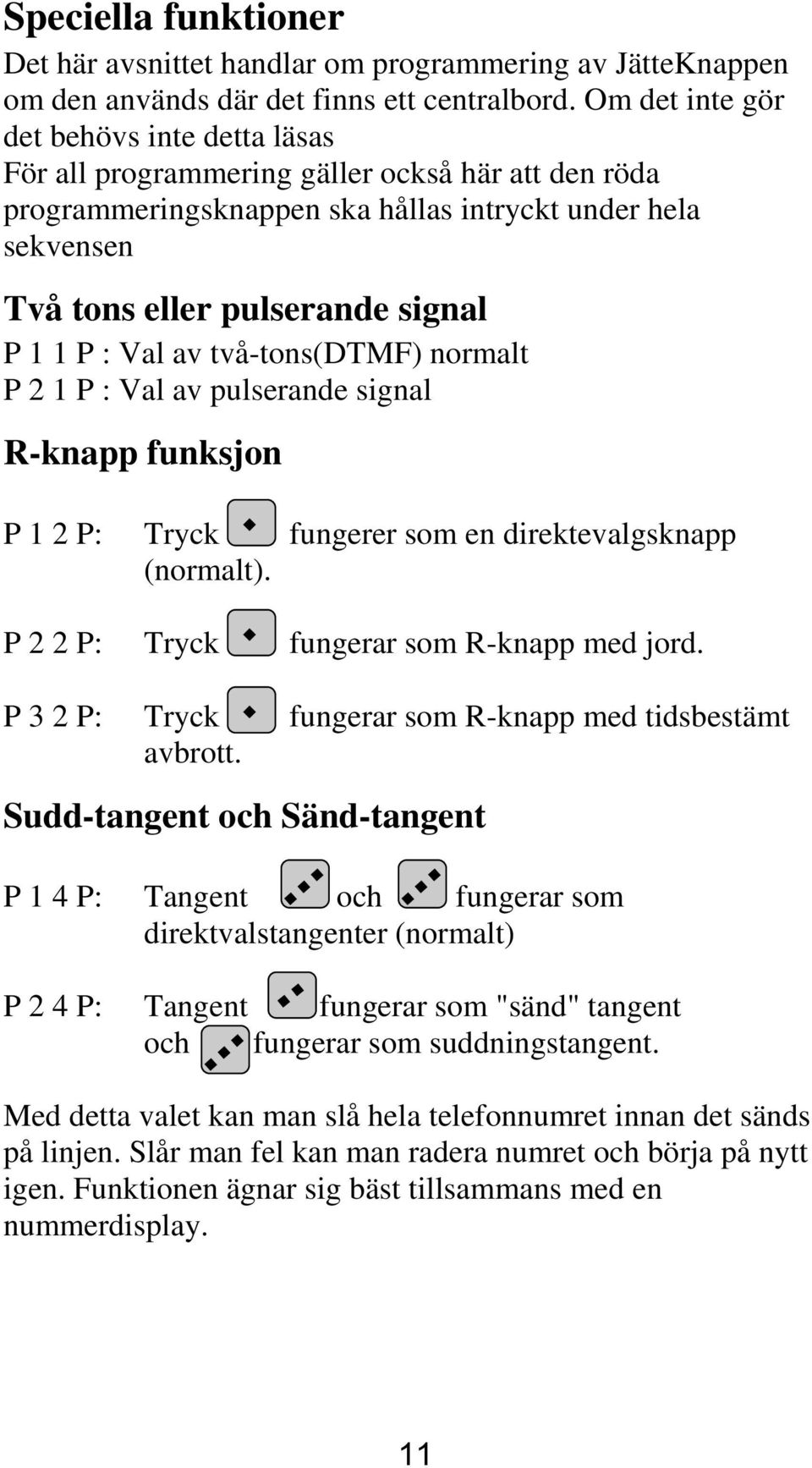 : Val av två-tons(dtmf) normalt P 2 1 P : Val av pulserande signal R-knapp funksjon P 1 2 P: Tryck fungerer som en direktevalgsknapp (normalt). P 2 2 P: Tryck fungerar som R-knapp med jord.