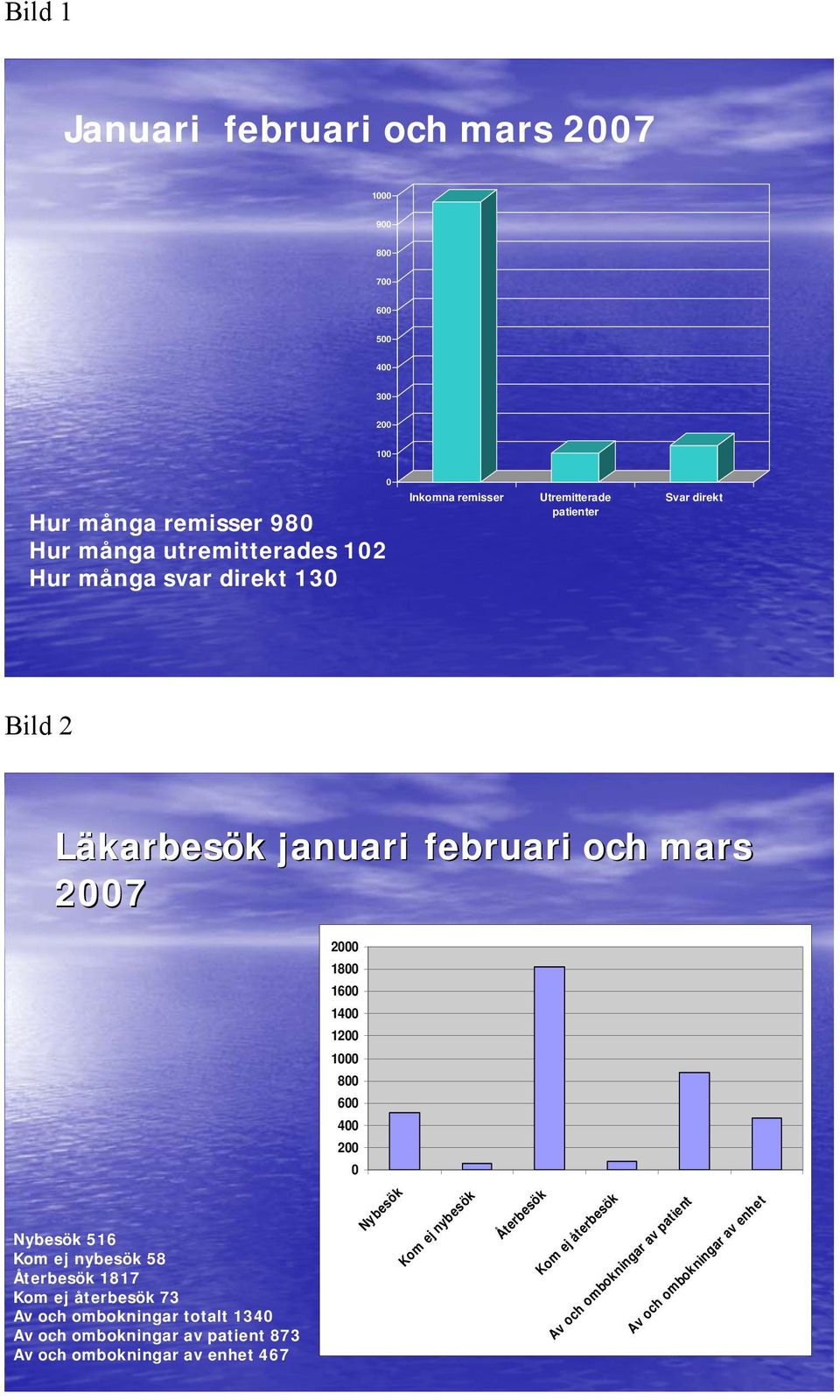 16 Kom ej nybesök 8 Återbesök 1817 Kom ej återbesök 73 Av och ombokningar totalt 13 Av och ombokningar av patient 873 Av och