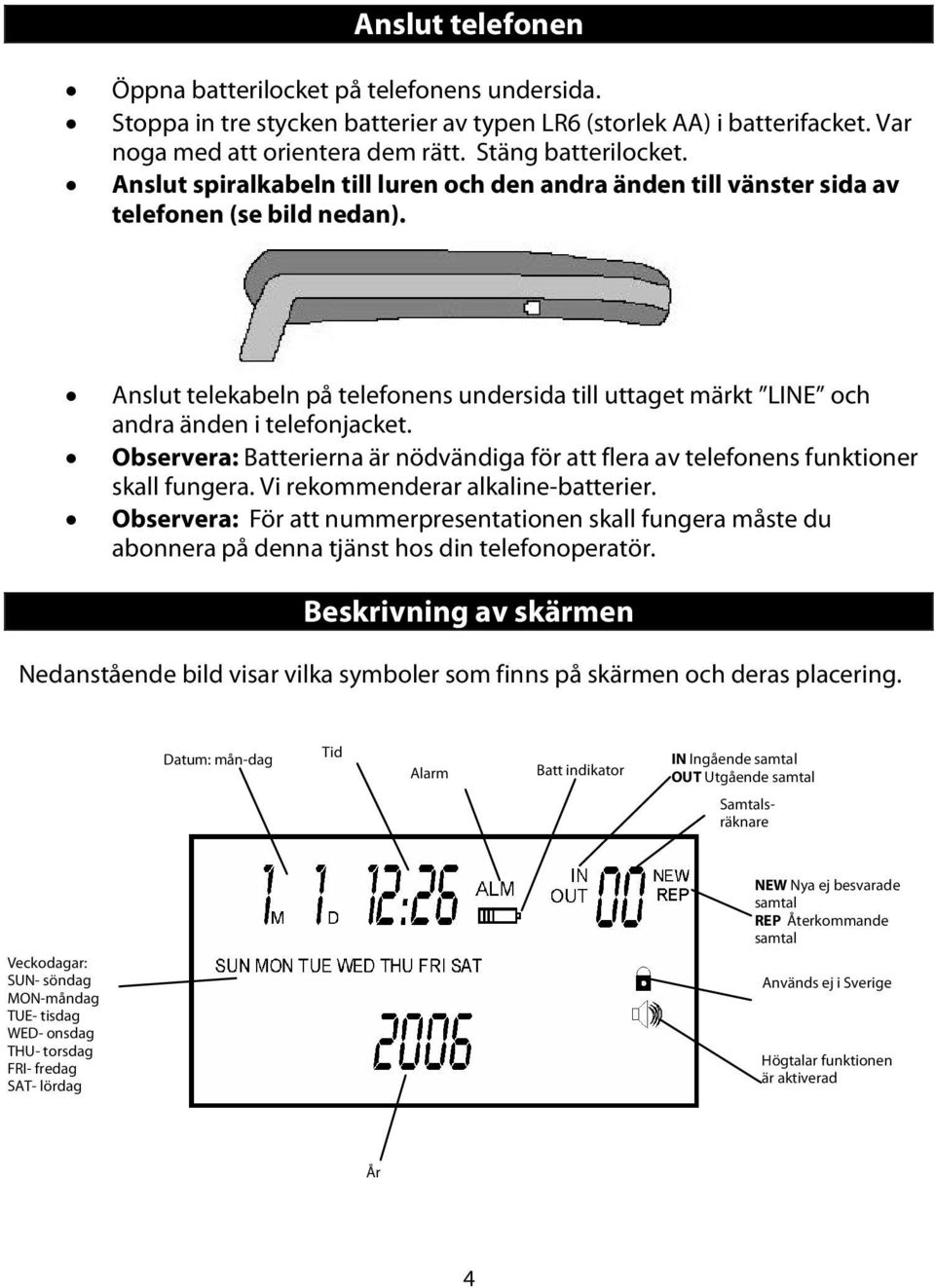 Observera: Batterierna är nödvändiga för att flera av telefonens funktioner skall fungera. Vi rekommenderar alkaline-batterier.