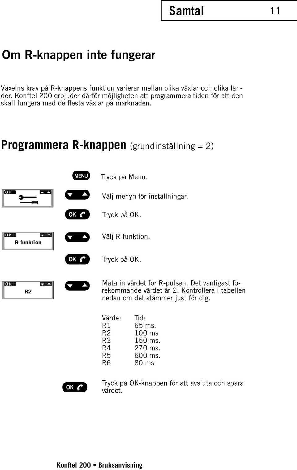 Programmera R-knappen (grundinställning = 2) Tryck på Menu. Välj menyn för inställningar. R funktion Välj R funktion. R2 Mata in värdet för R-pulsen.