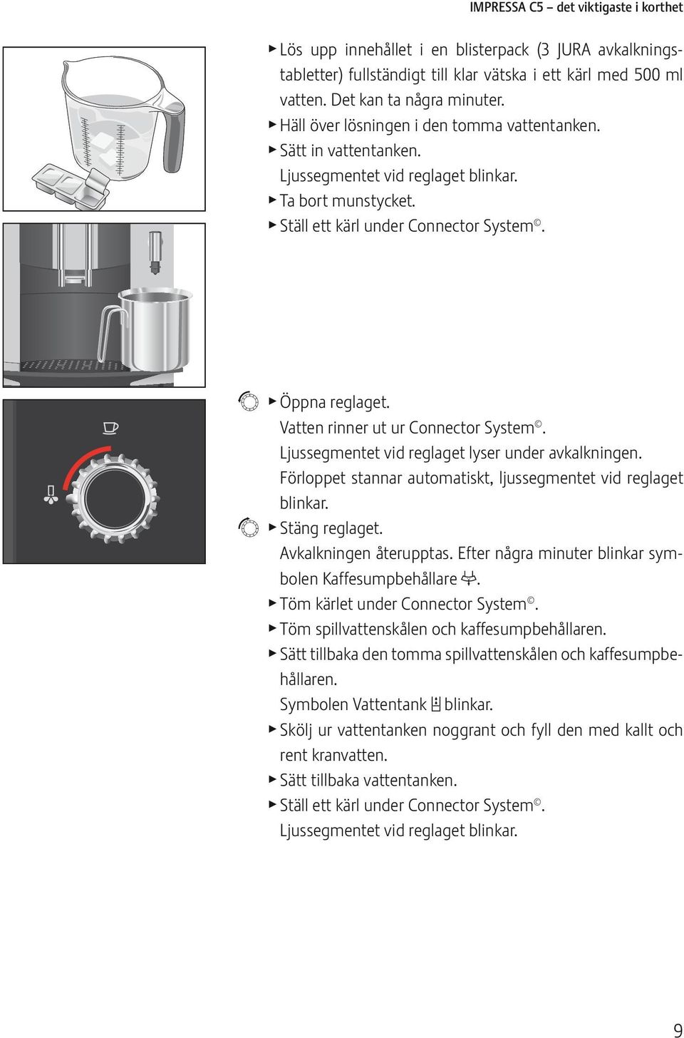 Vatten rinner ut ur Cnnectr System. Ljussegmentet vid regaget yser under avkakningen. Förppet stannar autmatiskt, jussegmentet vid regaget binkar. t Stäng regaget. Avkakningen återupptas.