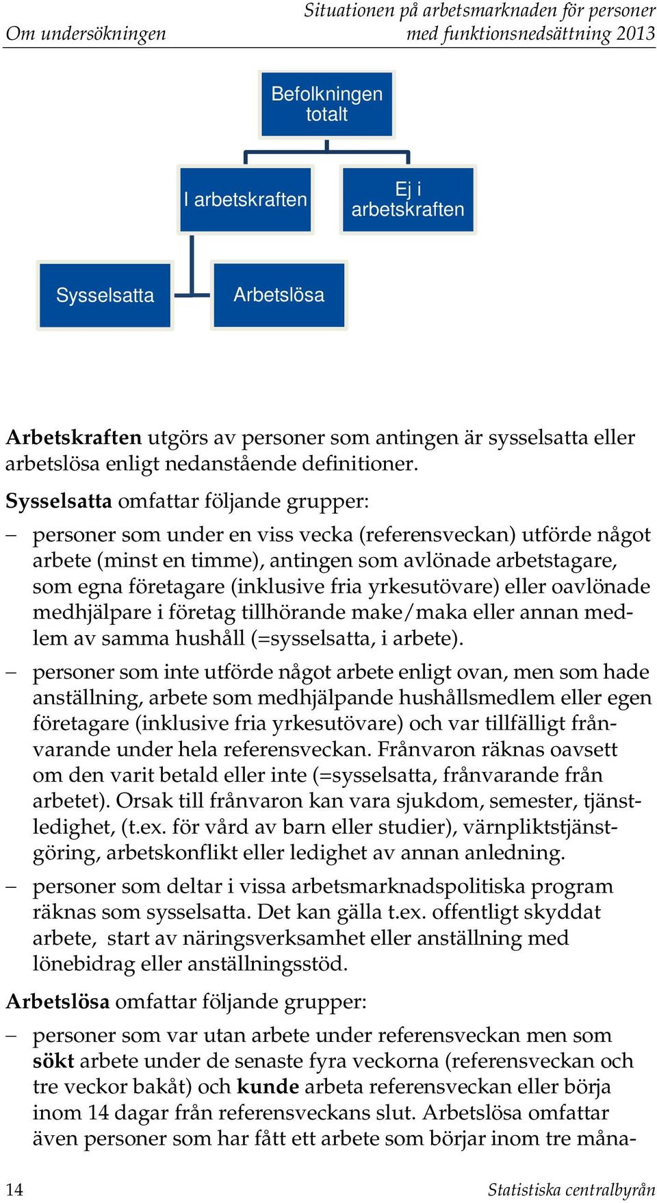 Sysselsatta omfattar följande grupper: personer som under en viss vecka (referensveckan) utförde något arbete (minst en timme), antingen som avlönade arbetstagare, som egna företagare (inklusive fria