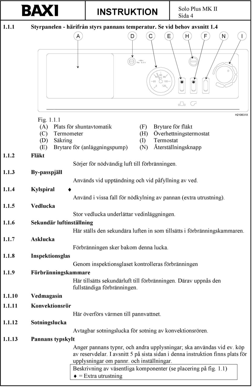 1.2 Fläkt Sörjer för nödvändig luft till förbränningen. 1.1.3 By-passpjäll Används vid upptändning och vid påfyllning av ved. 1.1.4 Kylspiral Använd i vissa fall för nödkylning av pannan (extra utrustning).