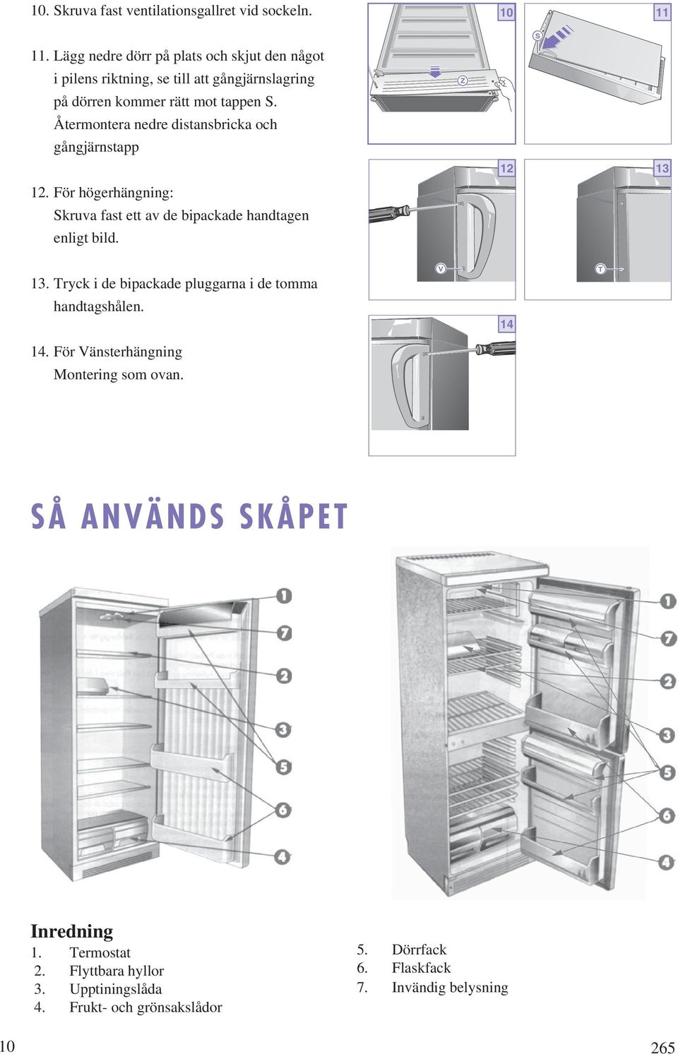 Återmontera nedre distansbricka och gångjärnstapp 12. För högerhängning: Skruva fast ett av de bipackade handtagen enligt bild. Z 12 S 13 13.