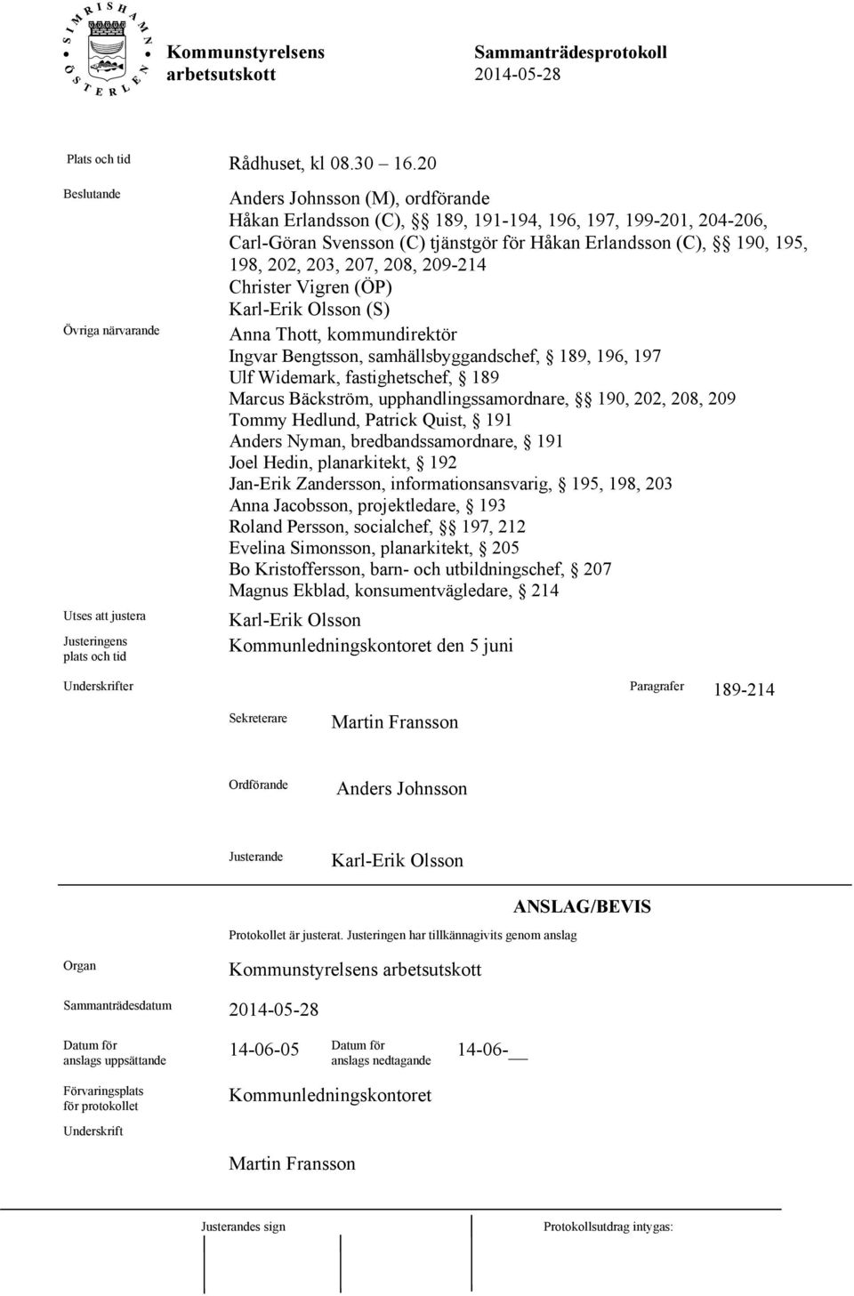 tjänstgör för Håkan Erlandsson (C), 190, 195, 198, 202, 203, 207, 208, 209-214 Christer Vigren (ÖP) Karl-Erik Olsson (S) Pia Anna Ingvarsson Thott, kommundirektör (S) Ingvar Bengtsson,