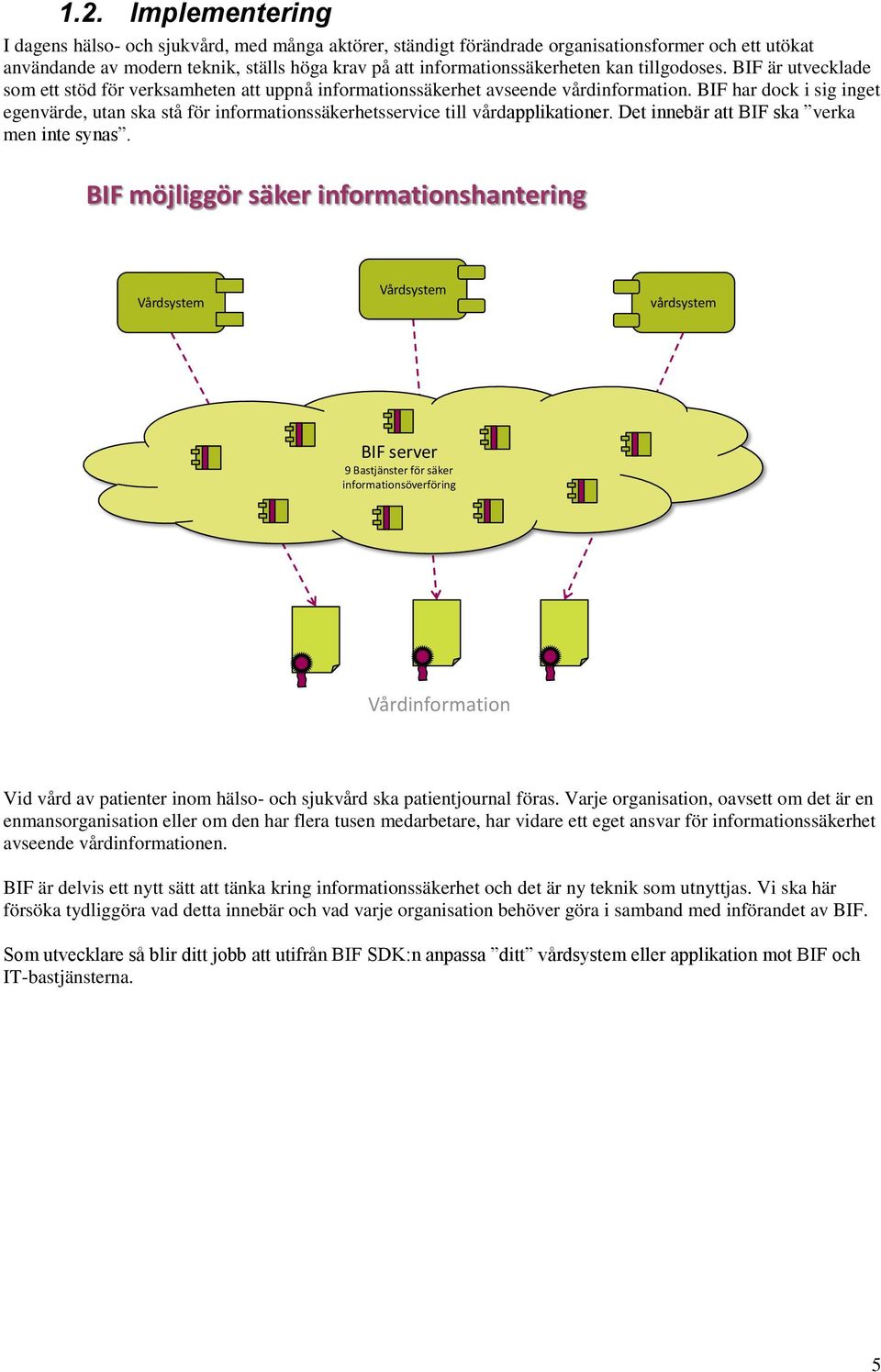 BIF har dock i sig inget egenvärde, utan ska stå för informationssäkerhetsservice till vårdapplikationer. Det innebär att BIF ska verka men inte synas.