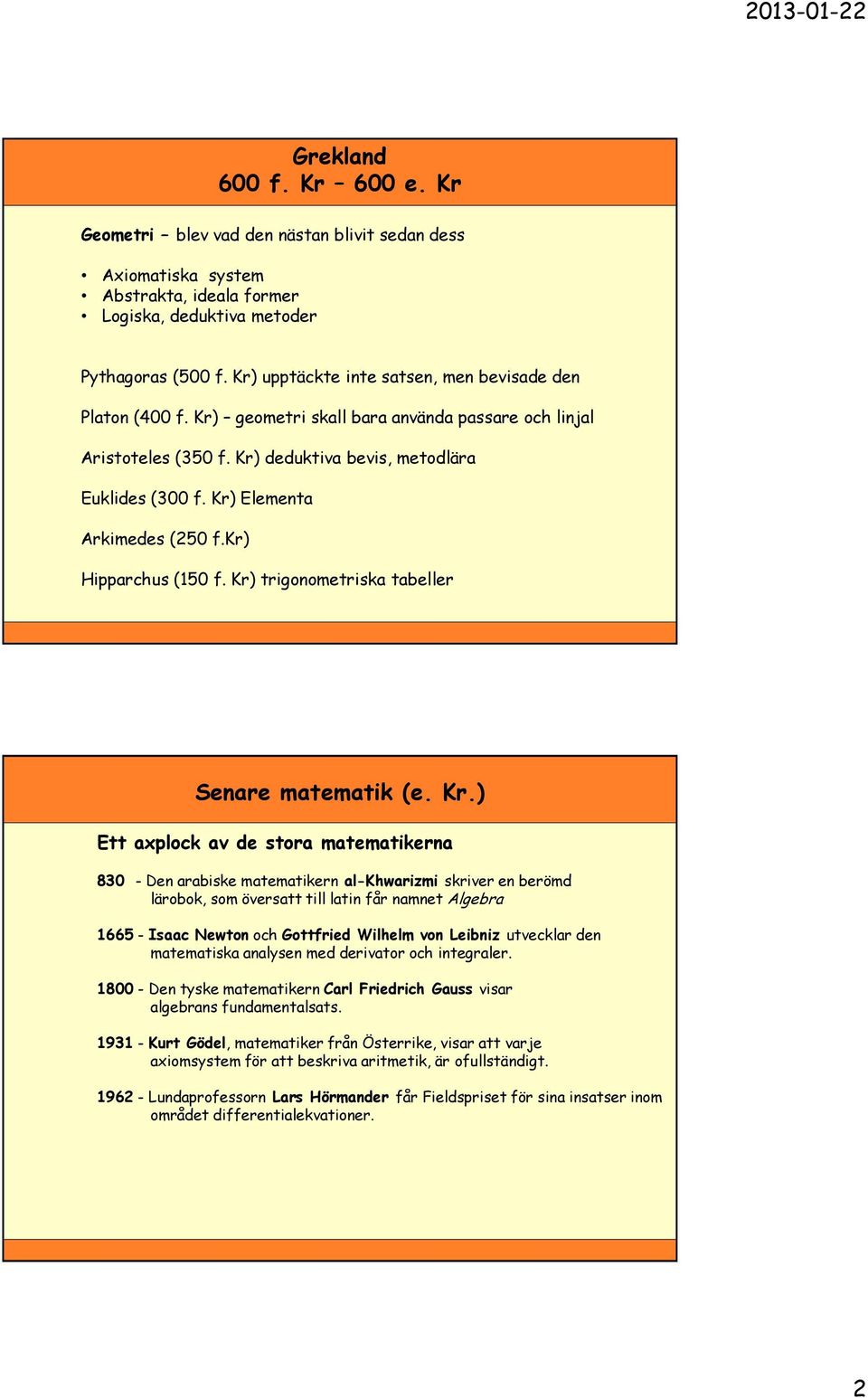 Kr) Elementa Arkimedes (250 f.kr) Hipparchus (150 f. Kr)