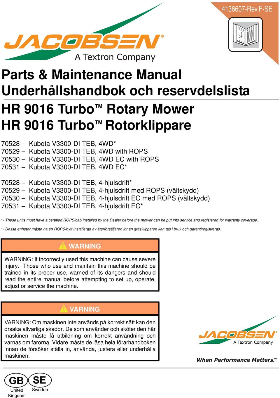 Kubota V3300-DI TEB, WD EC with ROPS 0531 Kubota V3300-DI TEB, WD EC* 058 Kubota V3300-DI TEB, -hjulsdrift* 059 Kubota V3300-DI TEB, -hjulsdrift med ROPS (vältskydd) 0530 Kubota V3300-DI TEB,