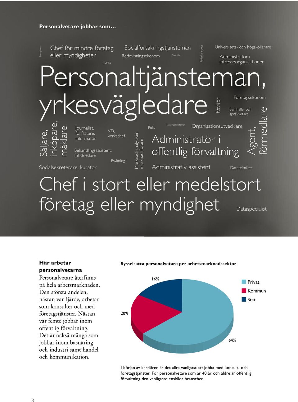 Administrativ assistent Agent, förmedlare Chef i stort eller medelstort företag eller myndighet Statistiker Taxeringstjänsteman Politiskt arbete Universitets- och högskollärare Revisor Administratör