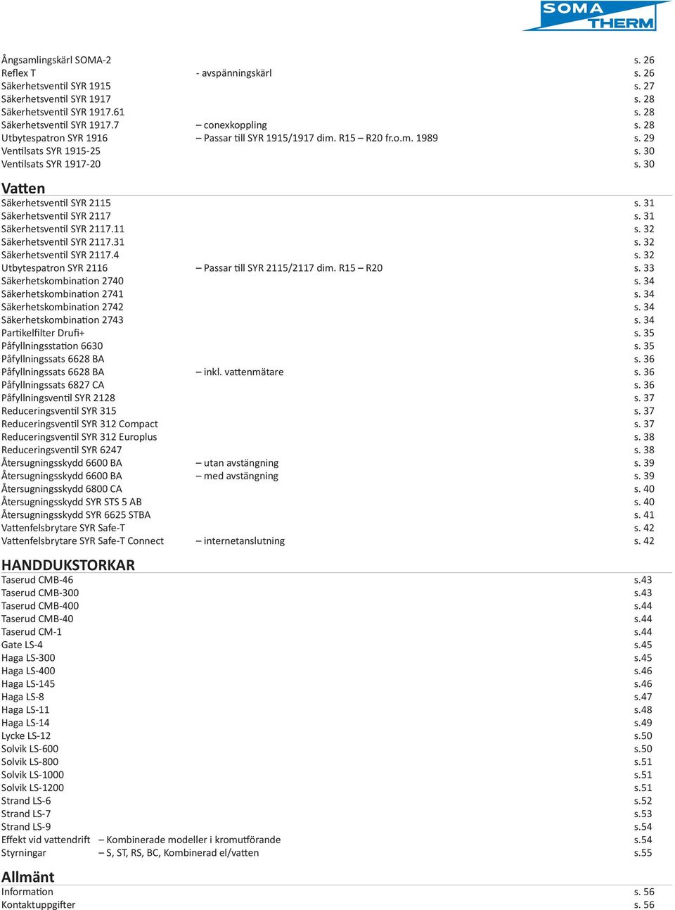 31 Säkerhetsventil SYR 117.11 s. 3 Säkerhetsventil SYR 117.31 s. 3 Säkerhetsventil SYR 117.4 s. 3 Utbytespatron SYR 116 Passar till SYR 115/117 dim. R15 R0 s. 33 Säkerhetskombination 740 s.