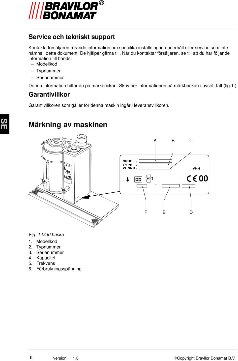 När du kontaktar försäljaren, se till att du har följande information till hands: Modellkod Typnummer Serienummer Denna information hittar du på märkbrickan.