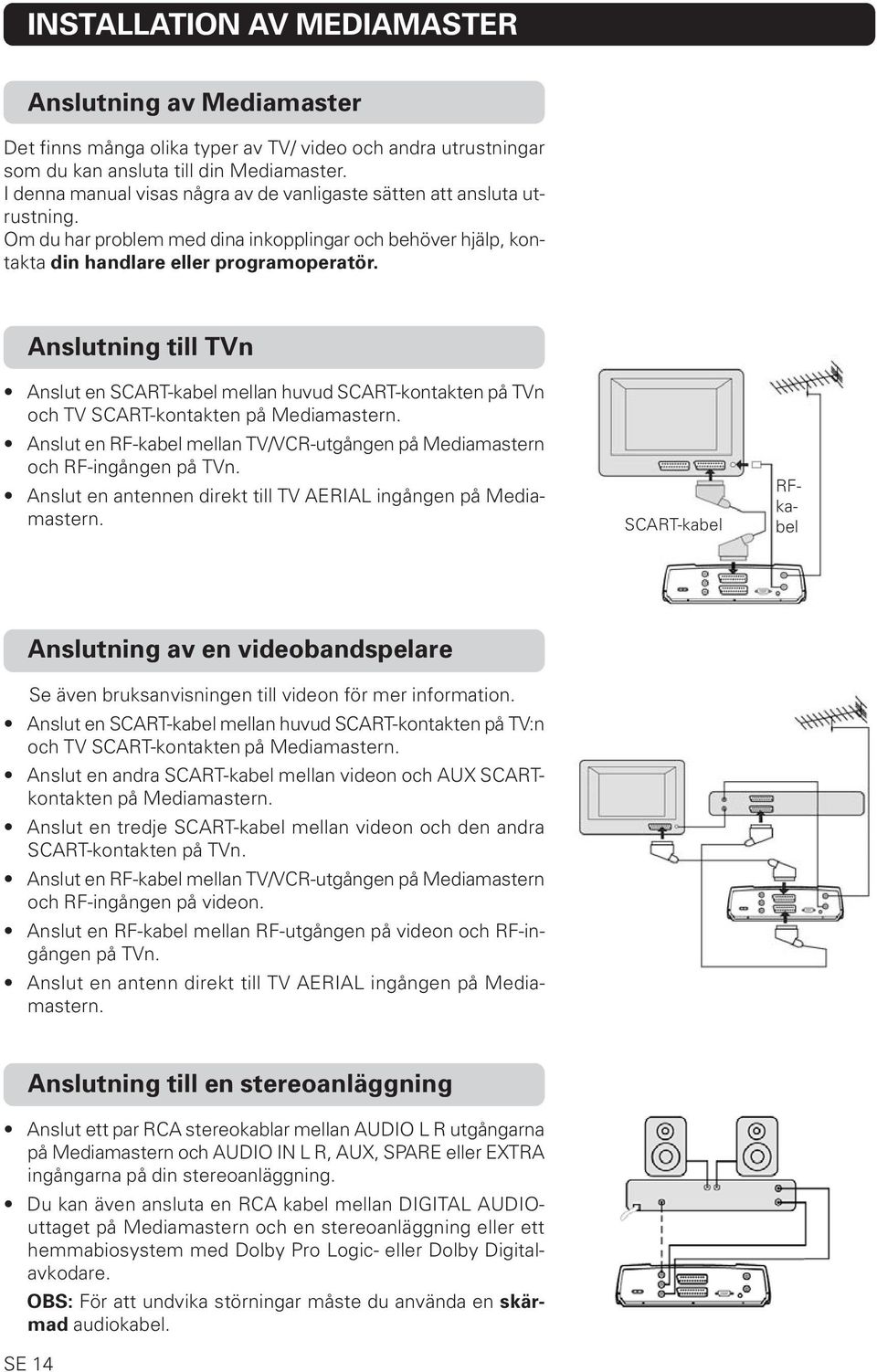 Anslutning till TVn Anslut en SCART-kabel mellan huvud SCART-kontakten på TVn och TV SCART-kontakten på Mediamastern. Anslut en RF-kabel mellan TV/VCR-utgången på Mediamastern och RF-ingången på TVn.