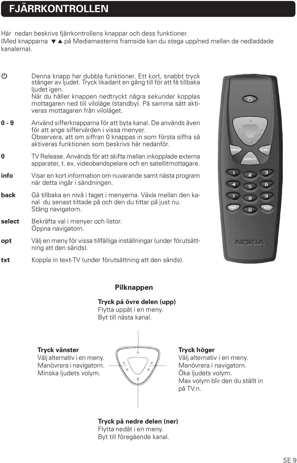 När du håller knappen nedtryckt några sekunder kopplas mottagaren ned till viloläge (standby). På samma sätt aktiveras mottagaren från viloläget. 0-9 Använd sifferknapparna för att byta kanal.