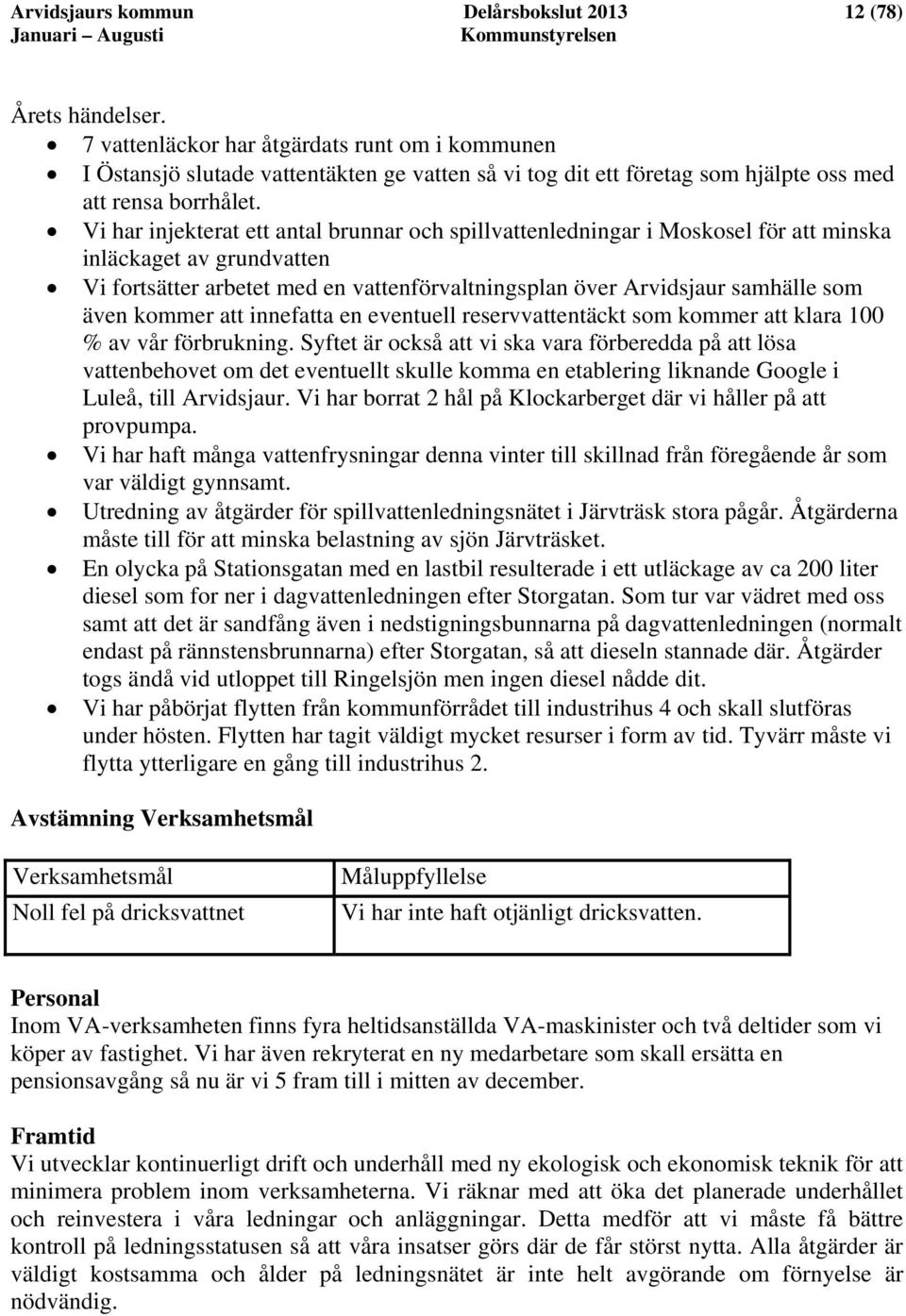 Vi har injekterat ett antal brunnar och spillvattenledningar i Moskosel för att minska inläckaget av grundvatten Vi fortsätter arbetet med en vattenförvaltningsplan över Arvidsjaur samhälle som även