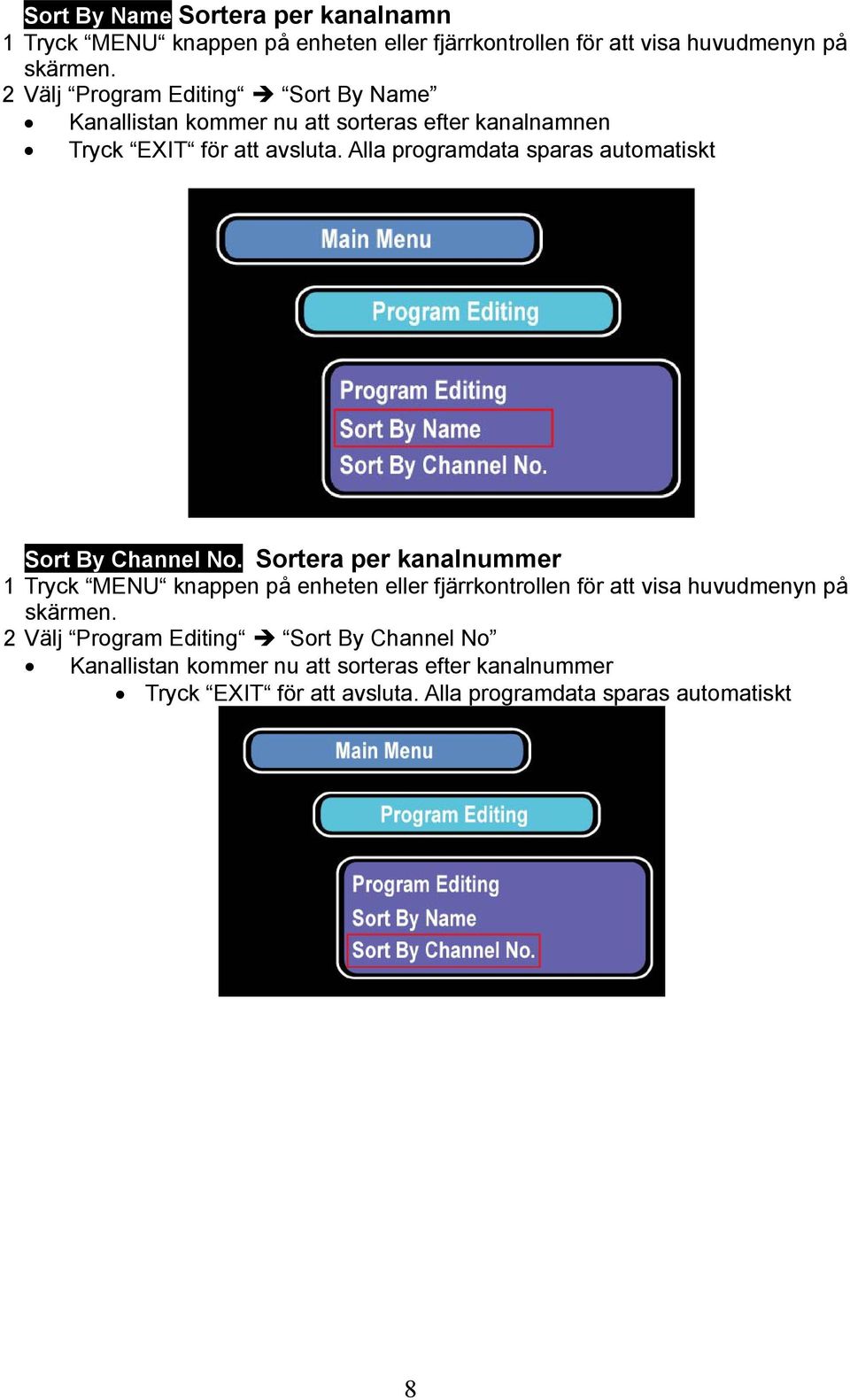 Alla programdata sparas automatiskt Sort By Channel No.