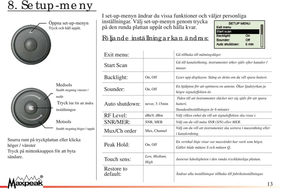 Följande inställningar kan ändras: Exit menu: Start Scan Gå tillbaka till mätningsläget Gå till kanalsökning, instrumentet söker själv efter kanaler / muxar.