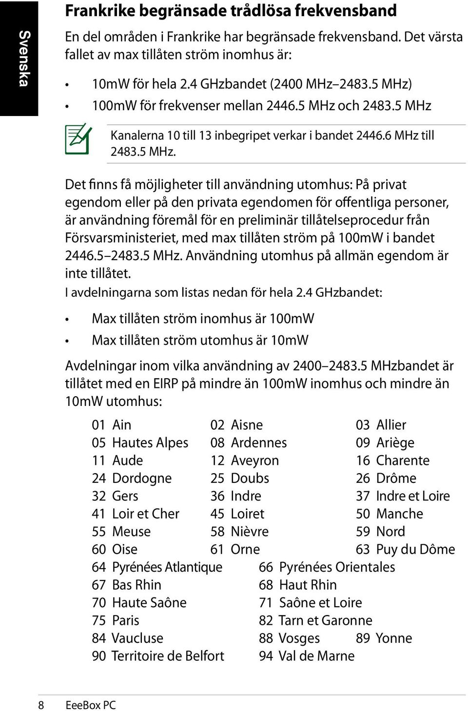 100mW för frekvenser mellan 2446.5 MHz 