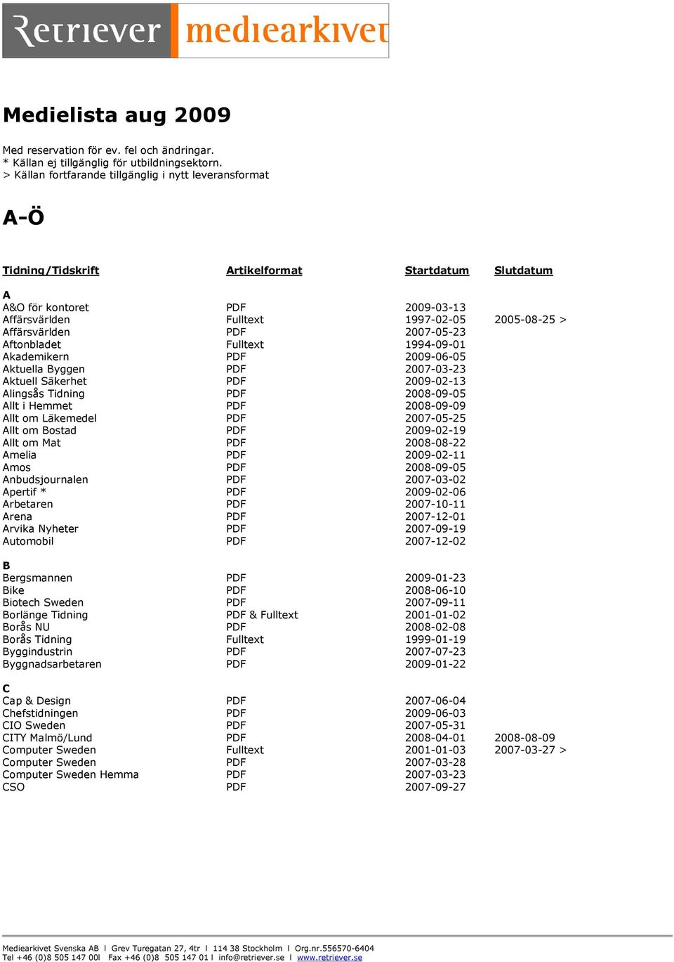 Affärsvärlden PDF 2007-05-23 Aftonbladet Fulltext 1994-09-01 Akademikern PDF 2009-06-05 Aktuella Byggen PDF 2007-03-23 Aktuell Säkerhet PDF 2009-02-13 Alingsås Tidning PDF 2008-09-05 Allt i Hemmet
