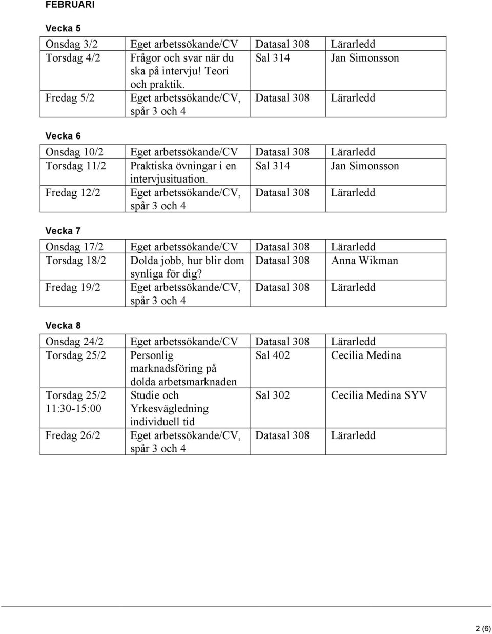 Fredag 12/2 Eget arbetssökande/cv, Vecka 7 Onsdag 17/2 Eget arbetssökande/cv Torsdag 18/2 Dolda jobb, hur blir dom Datasal 308 Anna Wikman synliga för dig?