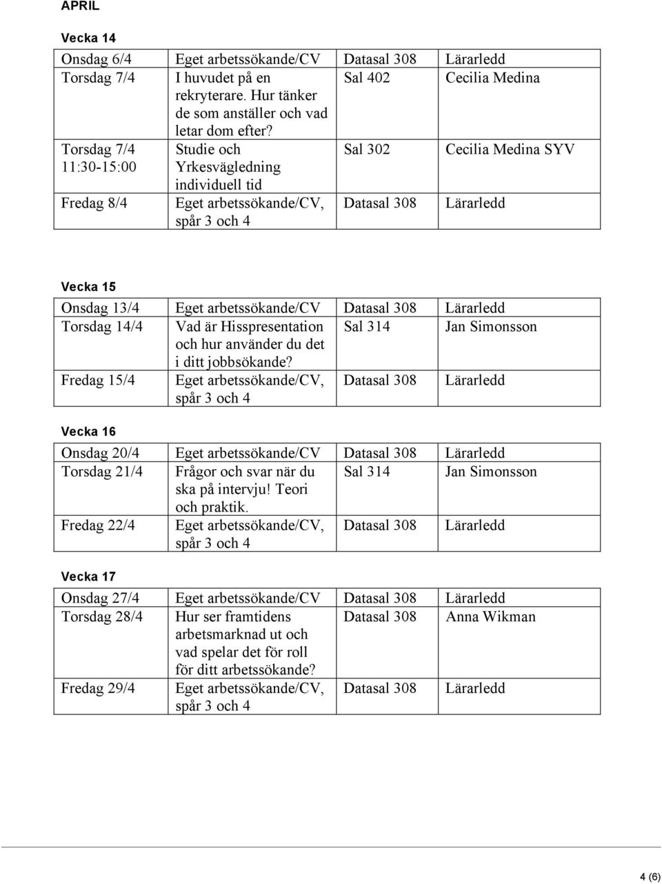 jobbsökande? Fredag 15/4 Eget arbetssökande/cv, Vecka 16 Onsdag 20/4 Eget arbetssökande/cv Torsdag 21/4 Frågor och svar när du Sal 314 Jan Simonsson ska på intervju! Teori och praktik.