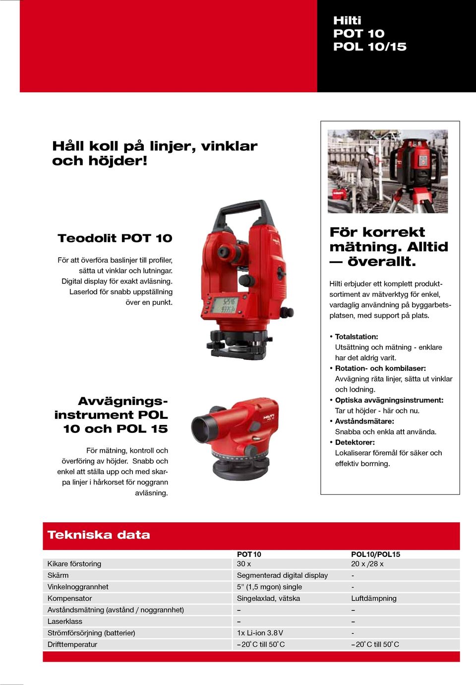 Hilti erbjuder ett komplett produktsortiment av mätverktyg för enkel, vardaglig användning på byggarbetsplatsen, med support på plats.