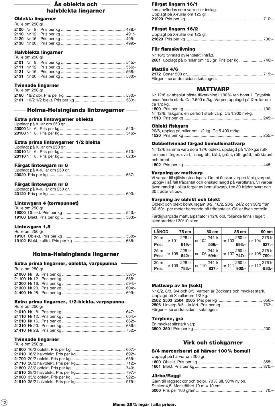 Pris per kg... 583: Holma-Helsinglands lintowgarner Extra prima lintowgarner oblekta Upplagt på rullar om 250 gr. 20000 Nr 6. Pris per kg.