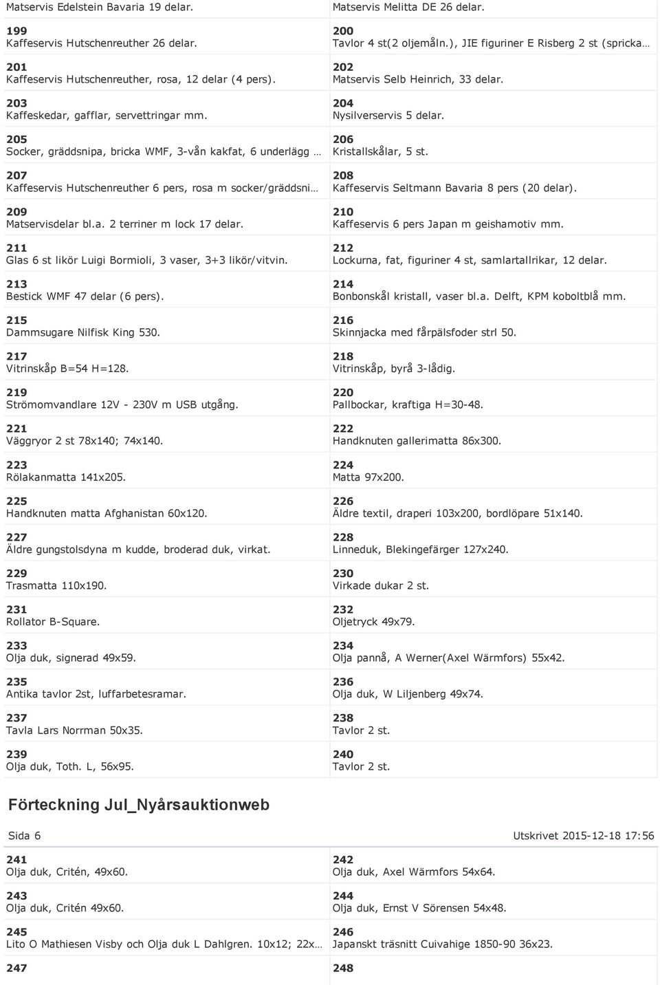 211 Glas 6 st likör Luigi Bormioli, 3 vaser, 3+3 likör/vitvin. 213 Bestick WMF 47 delar (6 pers). 215 Dammsugare Nilfisk King 530. 217 Vitrinskåp B=54 H=128. 219 Strömomvandlare 12V 230V m USB utgång.