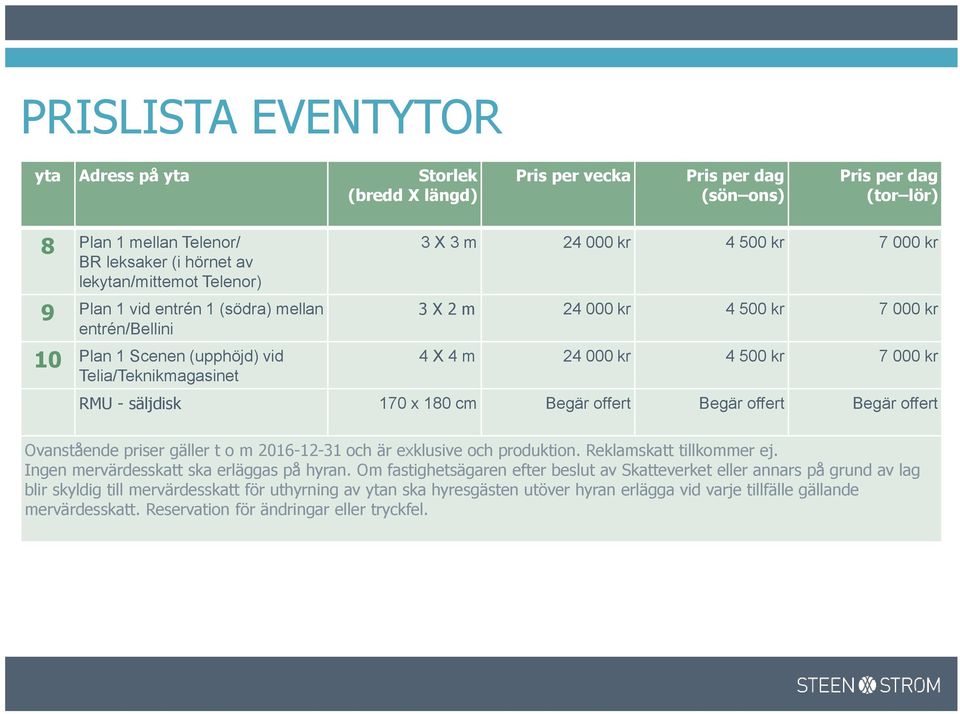 500 kr 7 000 kr RMU - säljdisk 170 x 180 cm Begär offert Begär offert Begär offert Ovanstående priser gäller t o m 2016-12-31 och är exklusive och produktion. Reklamskatt tillkommer ej.