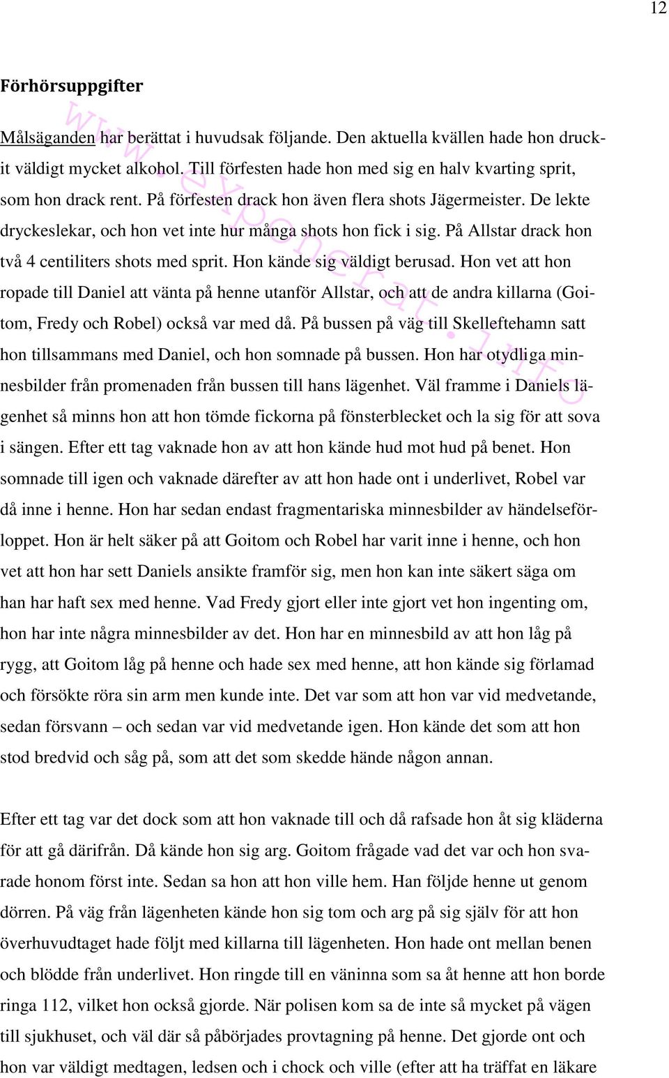 De lekte dryckeslekar, och hon vet inte hur många shots hon fick i sig. På Allstar drack hon två 4 centiliters shots med sprit. Hon kände sig väldigt berusad.