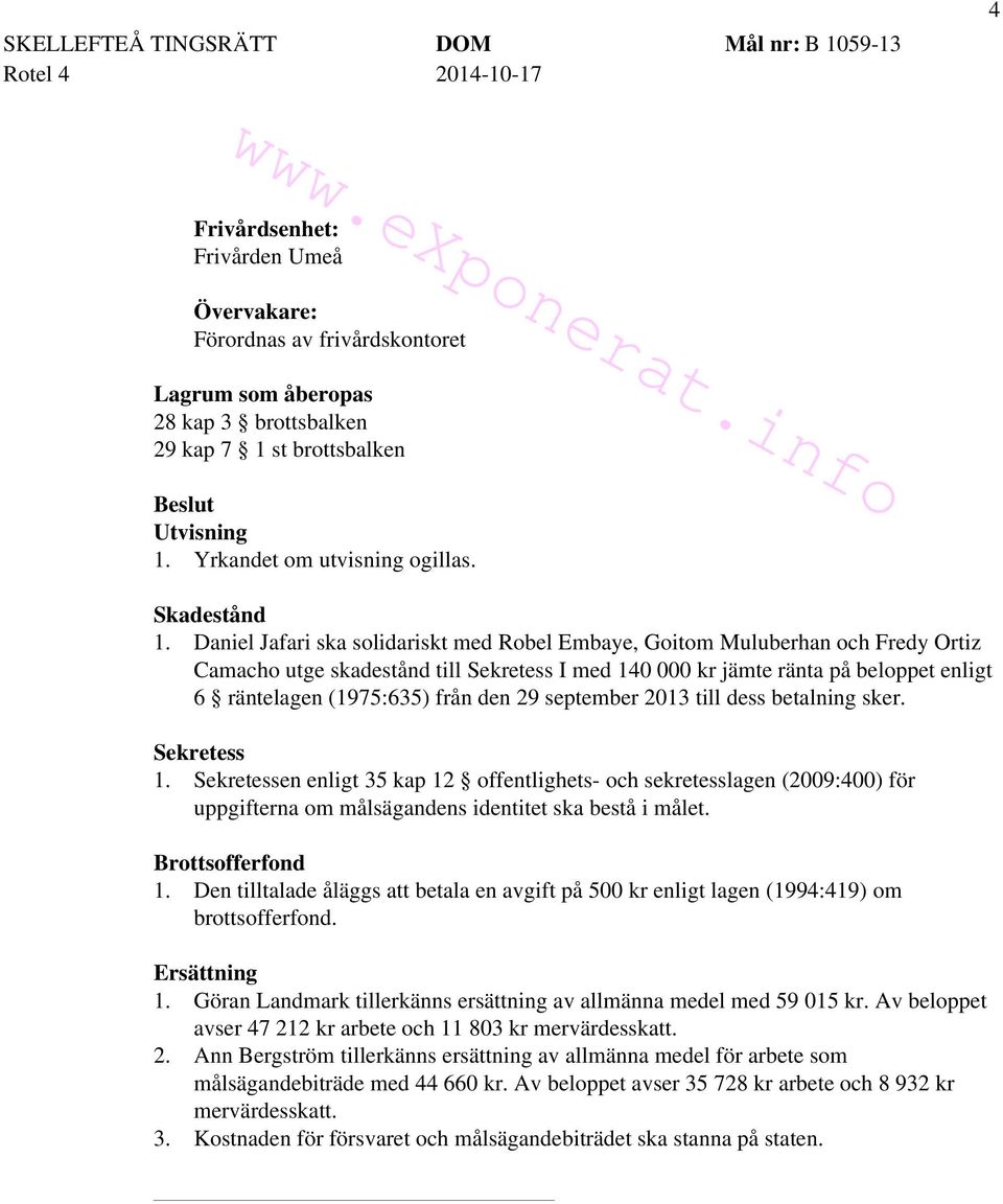 Daniel Jafari ska solidariskt med Robel Embaye, Goitom Muluberhan och Fredy Ortiz Camacho utge skadestånd till Sekretess I med 140 000 kr jämte ränta på beloppet enligt 6 räntelagen (1975:635) från