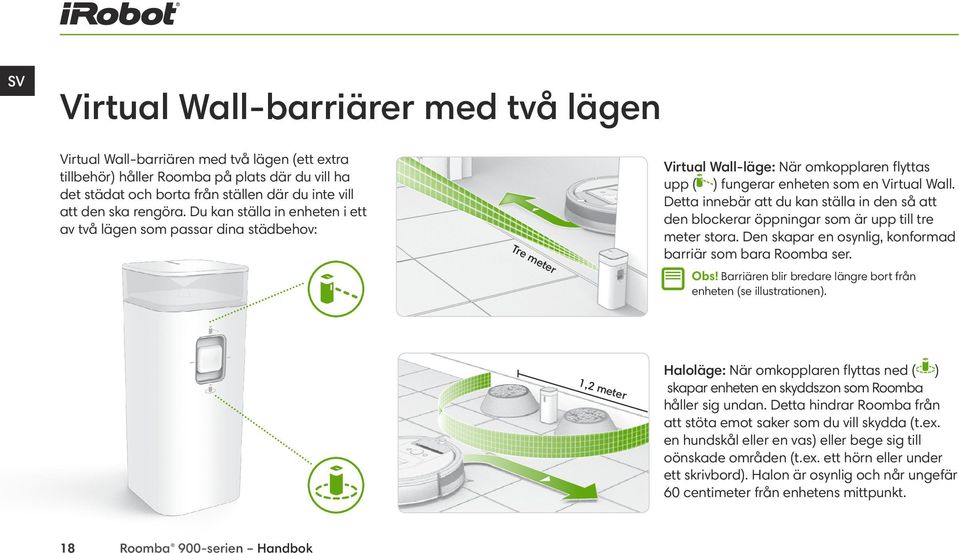 Detta innebär att du kan ställa in den så att den blockerar öppningar som är upp till tre meter stora. Den skapar en osynlig, konformad barriär som bara Roomba ser. Tre m ete r Obs!