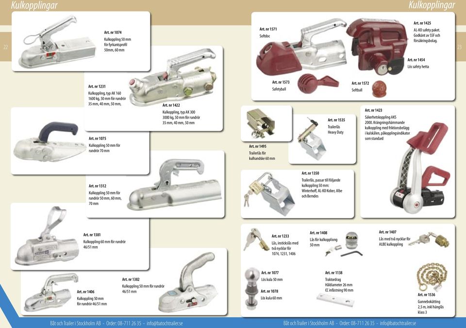 nr 1422 Kulkoppling, typ AK 300 3000 kg, 50 mm för rundrör 35 mm, 40 mm, 50 mm Art. nr 1495 Trailerlås för kulhandske 60 mm Art. nr 1573 Safetyball Art. nr 1535 Trailerlås Heavy Duty Art.
