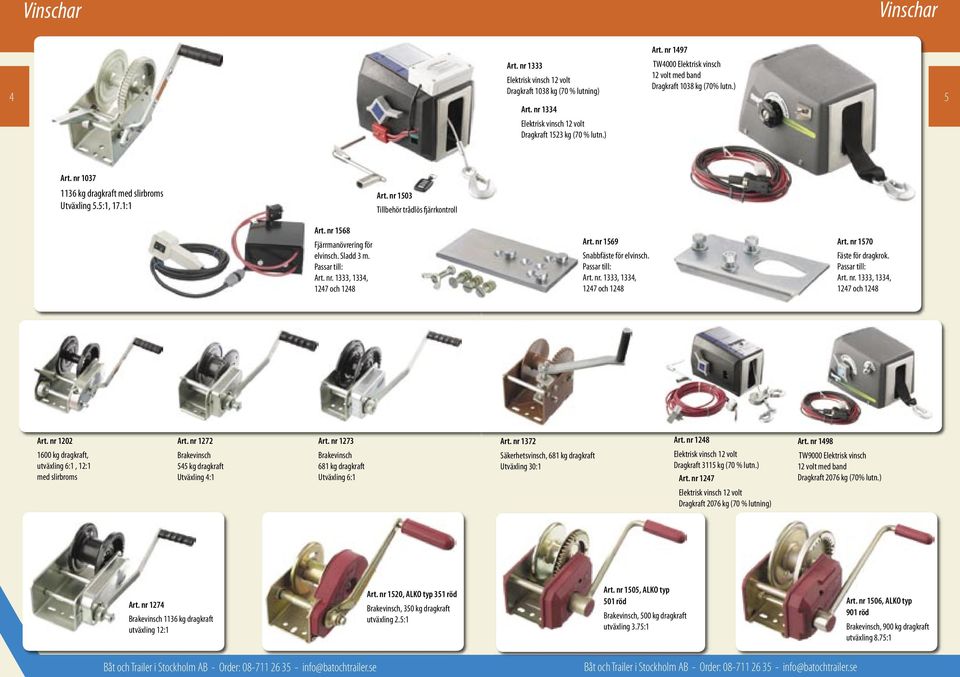 nr 1568 Fjärrmanövrering för elvinsch. Sladd 3 m. Passar till: Art. nr. 1333, 1334, 1247 och 1248 Art. nr 1569 Snabbfäste för elvinsch. Passar till: Art. nr. 1333, 1334, 1247 och 1248 Art. nr 1570 Fäste för dragkrok.