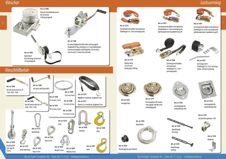 nr 1441 Surrningsvinsch delbar med spännare Totallängd 6 m, 8 ton surrningsstyrka. Självlåsande krok i banddelen typ IXI 7 Art. nr 1186 Art. nr 1499 Vinschtillbehör Spakvinsch Bra vid trånga utrymmen.