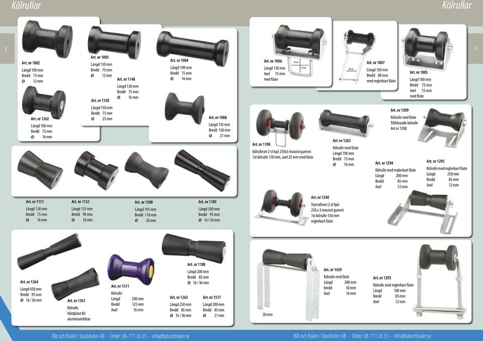 nr 1006 Längd 130 mm 15 mm med fäste 60 mm 60 mm kölrulleset 2 st hjul 250x3 massivt gummi 1st kölrulle 130 mm, axel 25 mm med fäste Art. nr 1265 80 mm Kölrulle med fäste Längd 190 mm ø 16 mm Art.