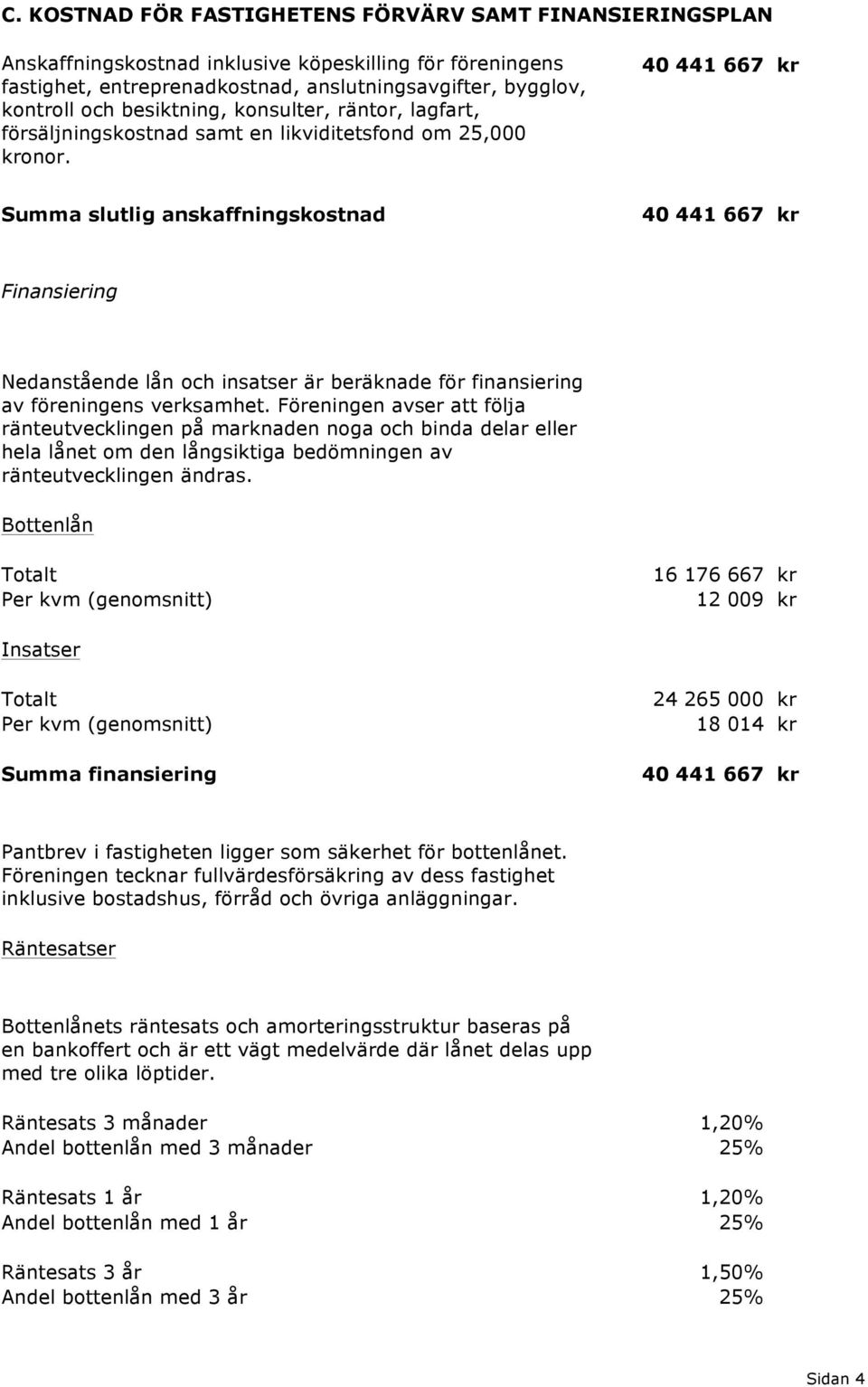 40 441 667 kr Summa slutlig anskaffningskostnad 40 441 667 kr Finansiering Nedanstående lån och insatser är beräknade för finansiering av föreningens verksamhet.