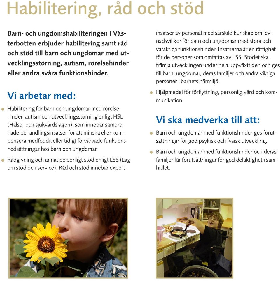 Vi arbetar med: Habilitering för barn och ungdomar med rörelsehinder, autism och utvecklingsstörning enligt HSL (Hälso- och sjukvårdslagen), som innebär samordnade behandlingsinsatser för att minska