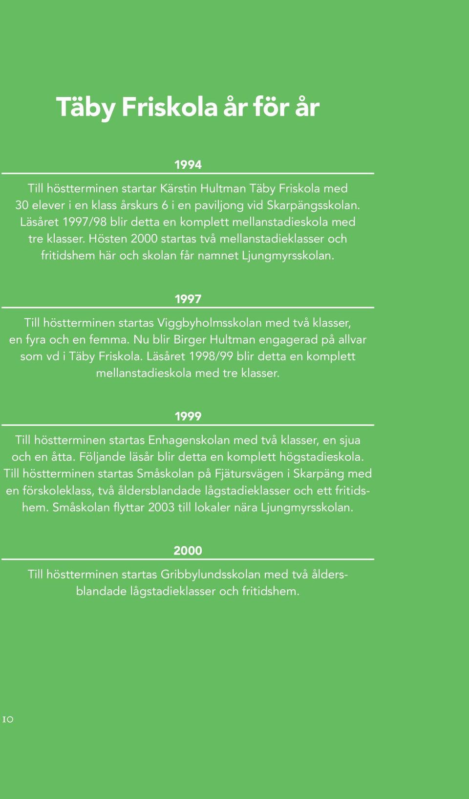 1997 Till höstterminen startas Viggbyholmsskolan med två klasser, en fyra och en femma. Nu blir Birger Hultman engagerad på allvar som vd i Täby Friskola.