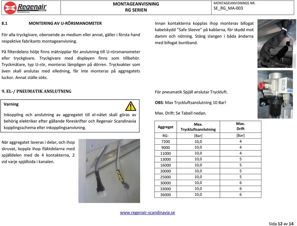 På filterdelens hölje finns mätnipplar för anslutning till U-rörsmanometer eller tryckgivare. Tryckgivare med displayen finns som tillbehör. Tryckmätare, typ U-rör, monteras lämpligen på dörren.