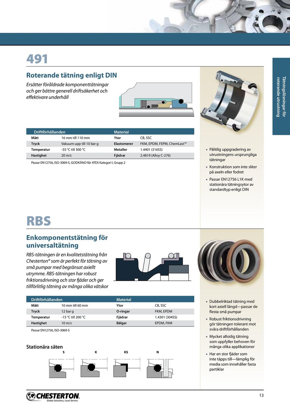 4819 (Alloy C-276) Passar EN12756, ISO-3069-S, Godkänd för ATEX Kategori I, Grupp 2 n Pålitlig uppgradering av utrustningens ursprungliga tätningar n Konstruktion som inte sliter på axeln eller