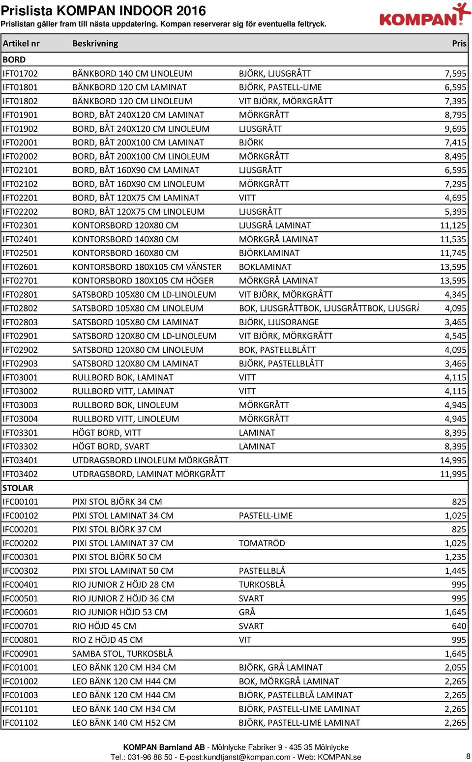 MÖRKGRÅTT 7,395 IFT01901 BORD, BÅT 240X120 CM LAMINAT MÖRKGRÅTT 8,795 IFT01902 BORD, BÅT 240X120 CM LINOLEUM LJUSGRÅTT 9,695 IFT02001 BORD, BÅT 200X100 CM LAMINAT BJÖRK 7,415 IFT02002 BORD, BÅT