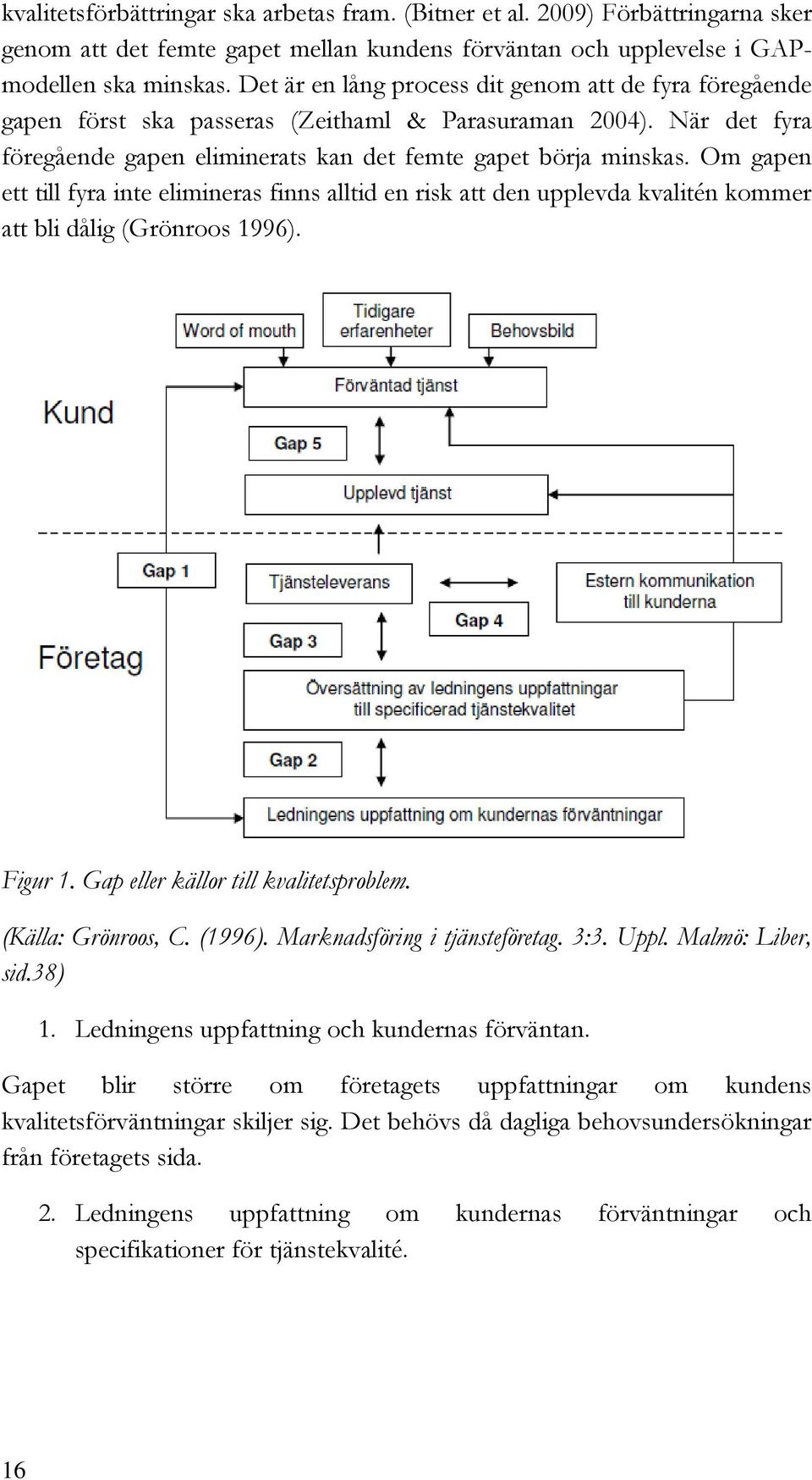 Om gapen ett till fyra inte elimineras finns alltid en risk att den upplevda kvalitén kommer att bli dålig (Grönroos 1996). Figur 1. Gap eller källor till kvalitetsproblem. (Källa: Grönroos, C.