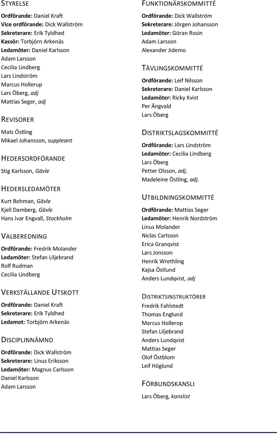 Engvall, Stockholm VALBEREDNING Ordförande: Fredrik Molander Ledamöter: Stefan Liljebrand Rolf Rudman Cecilia Lindberg VERKSTÄLLANDE UTSKOTT Ordförande: Daniel Kraft Sekreterare: Erik Tyldhed