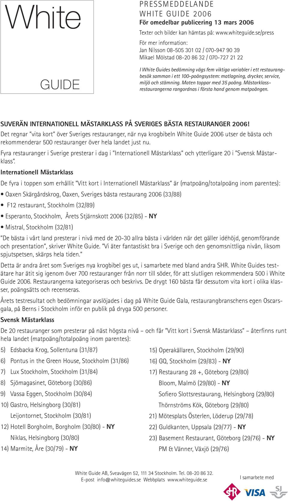 ett 100-poängsystem: matlagning, drycker, service, miljö och stämning. Maten toppar med 35 poäng. Mästarklassrestaurangerna rangordnas i första hand genom matpoängen.